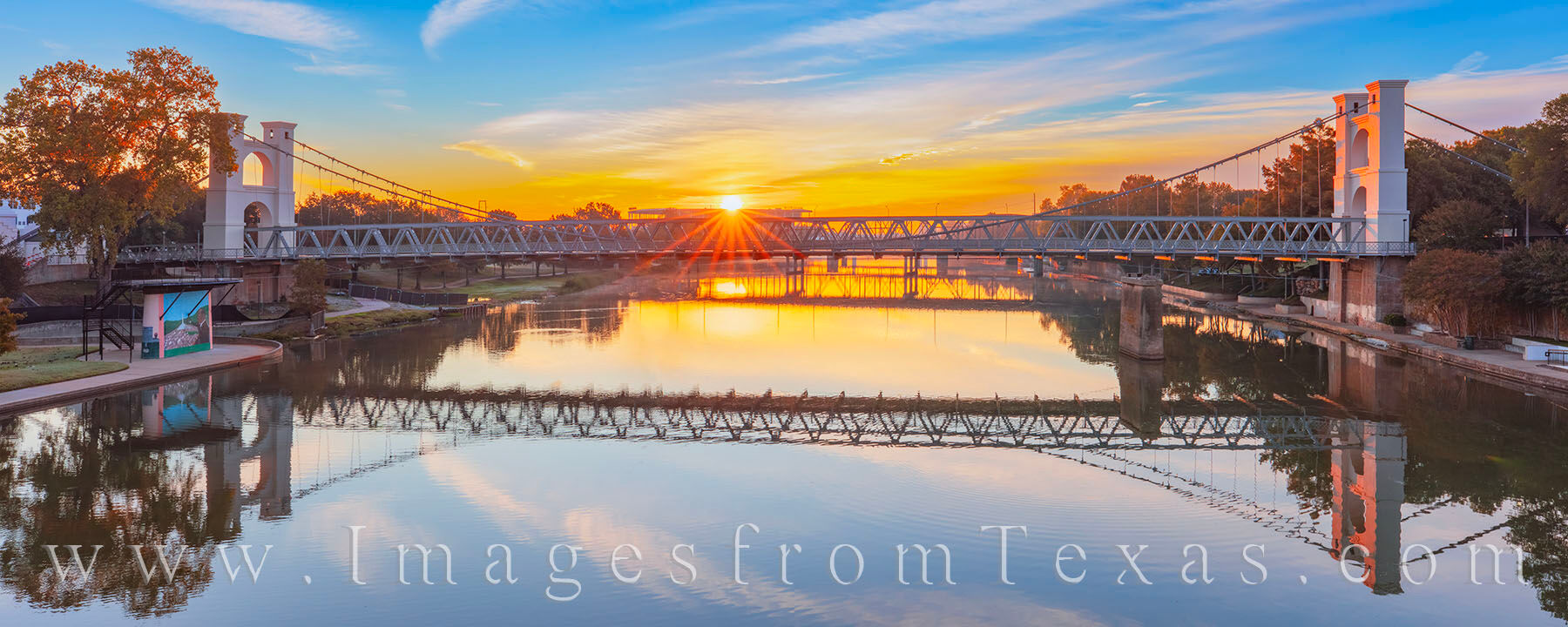 Waco Suspension Bridge Sunrise Panorama 1031-1 | Waco Riverwalk | Rob ...